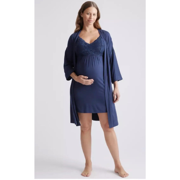 Quince Other - Quince Bamboo Maternity Nursing Nightgown Robe Set S Babydoll Gown Blue NWT